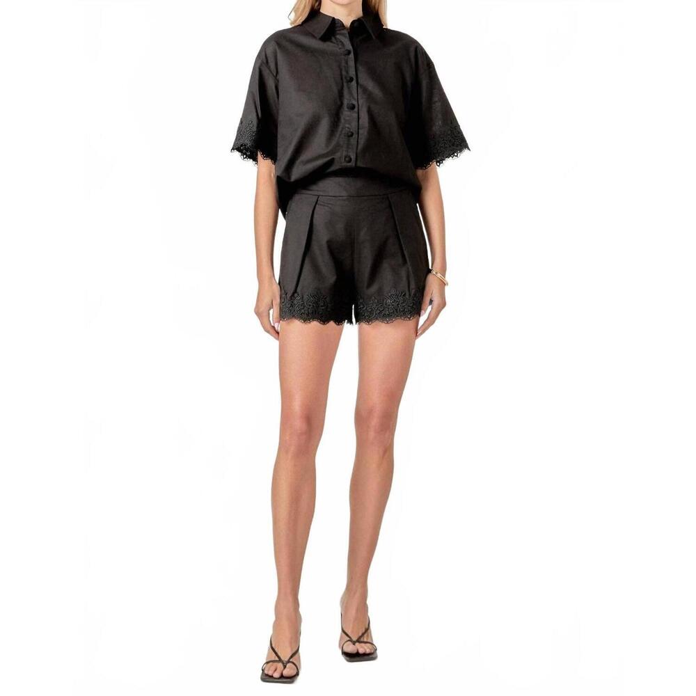 NEW ENGLISH FACTORY midnight lace linen shirt and shorts set in black